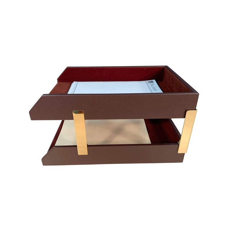 Dacasso Leather Double Legal-Size Trays, Chocolate Brown (A3421) - Image 2